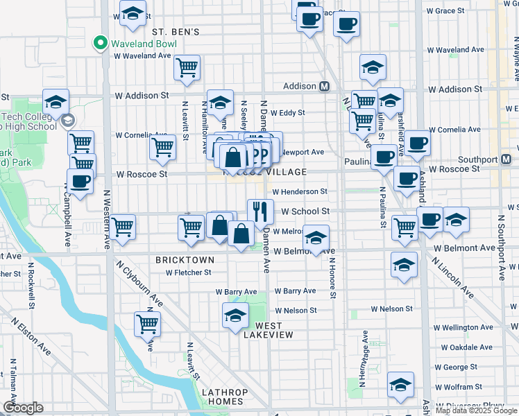 map of restaurants, bars, coffee shops, grocery stores, and more near 3301 North Seeley Avenue in Chicago