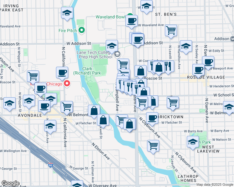 map of restaurants, bars, coffee shops, grocery stores, and more near 3330 North Western Avenue in Chicago