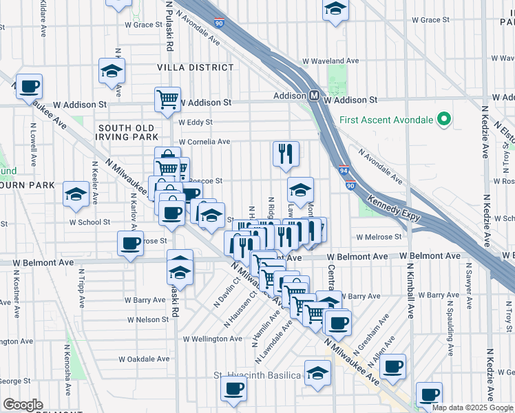 map of restaurants, bars, coffee shops, grocery stores, and more near 3316 North Ridgeway Avenue in Chicago