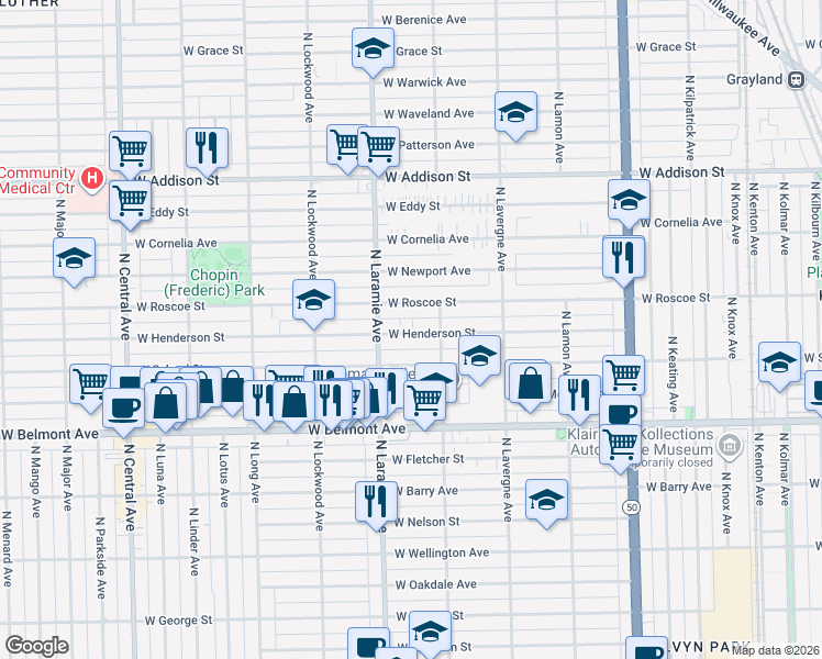 map of restaurants, bars, coffee shops, grocery stores, and more near 5140 West Henderson Street in Chicago