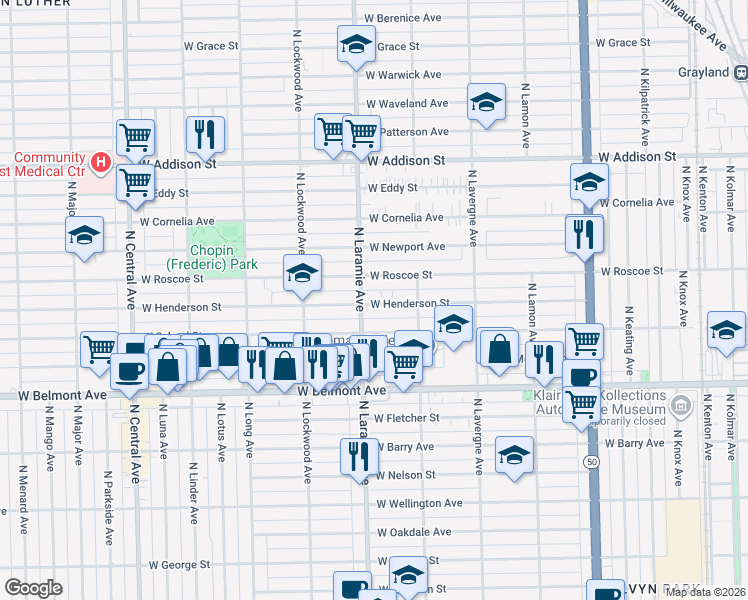 map of restaurants, bars, coffee shops, grocery stores, and more near 5140 West Henderson Street in Chicago