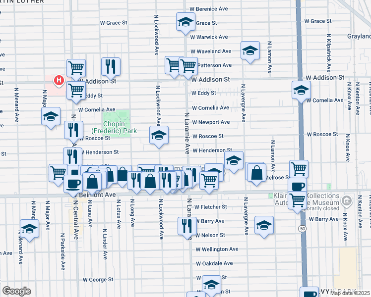 map of restaurants, bars, coffee shops, grocery stores, and more near 5216 West Henderson Street in Chicago
