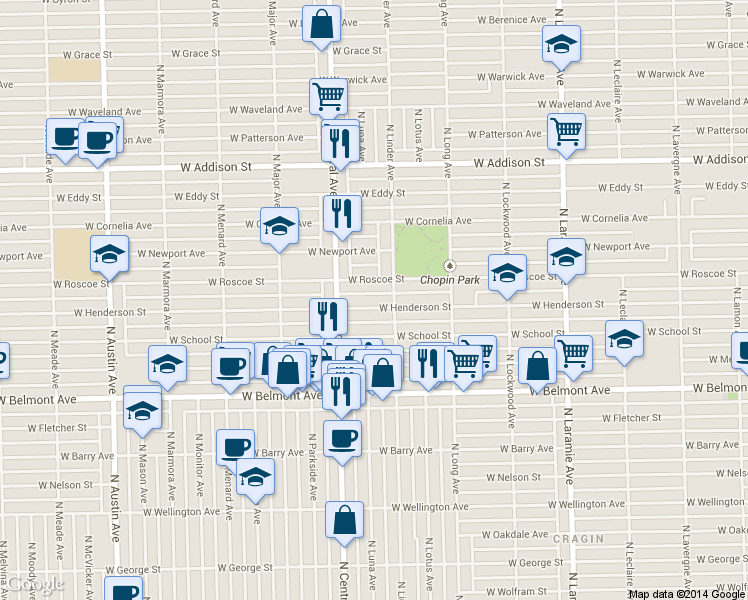 map of restaurants, bars, coffee shops, grocery stores, and more near 5518 West Henderson Street in Chicago
