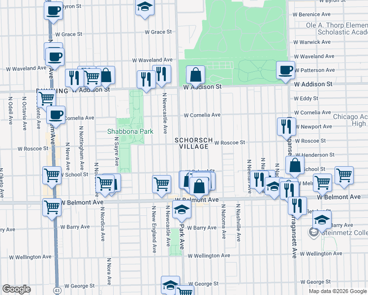 map of restaurants, bars, coffee shops, grocery stores, and more near 3350 North Rutherford Avenue in Chicago