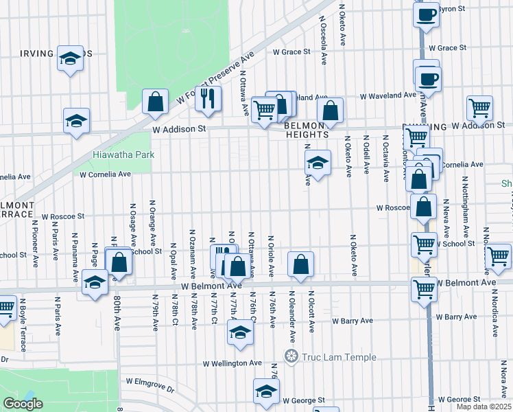 map of restaurants, bars, coffee shops, grocery stores, and more near 7620 West Roscoe Street in Chicago