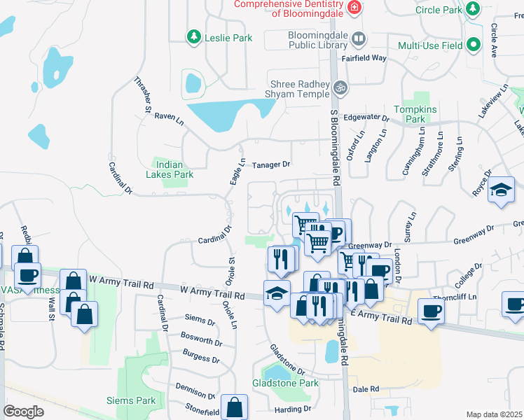map of restaurants, bars, coffee shops, grocery stores, and more near 2292 Century Point Lane in Glendale Heights