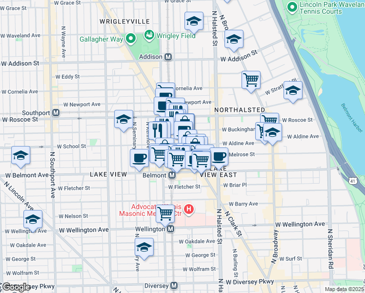 map of restaurants, bars, coffee shops, grocery stores, and more near 905 West School Street in Chicago