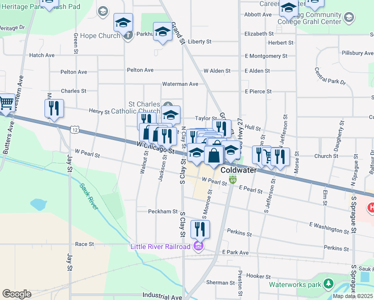 map of restaurants, bars, coffee shops, grocery stores, and more near 92 West Chicago Street in Coldwater
