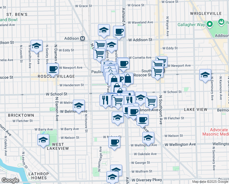 map of restaurants, bars, coffee shops, grocery stores, and more near 3300 North Lincoln Avenue in Chicago