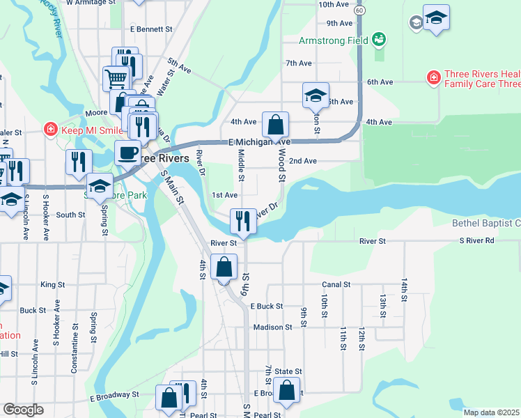 map of restaurants, bars, coffee shops, grocery stores, and more near 226 River Drive in Three Rivers