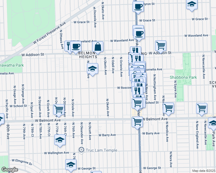 map of restaurants, bars, coffee shops, grocery stores, and more near 3401 North Oketo Avenue in Chicago