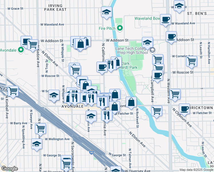 map of restaurants, bars, coffee shops, grocery stores, and more near 3269 North California Avenue in Chicago