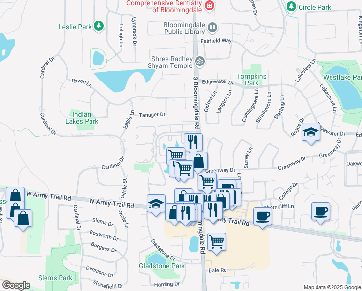map of restaurants, bars, coffee shops, grocery stores, and more near 194 South Waters Edge Drive in Glendale Heights