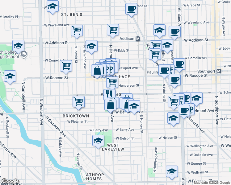 map of restaurants, bars, coffee shops, grocery stores, and more near 1948 West School Street in Chicago