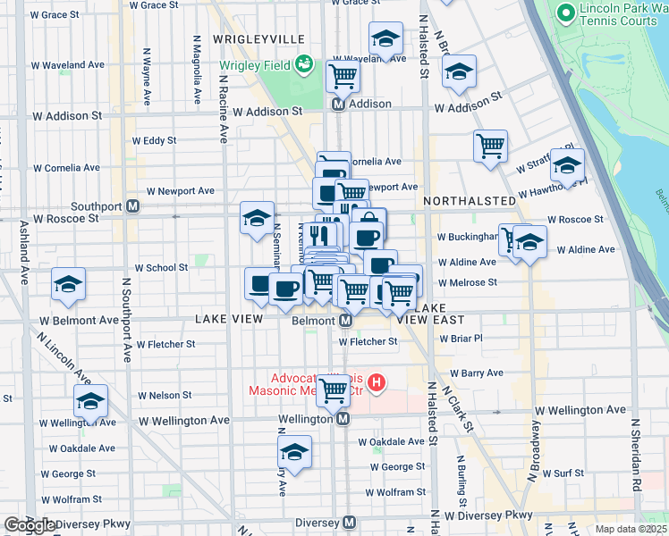 map of restaurants, bars, coffee shops, grocery stores, and more near 3257 North Sheffield Avenue in Chicago