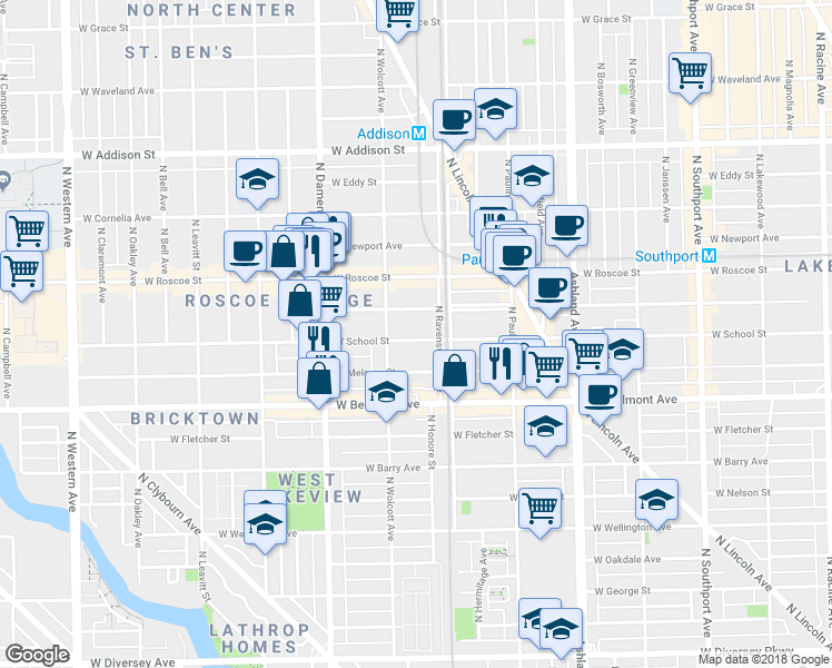 map of restaurants, bars, coffee shops, grocery stores, and more near 1820 West School Street in Chicago