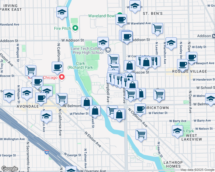 map of restaurants, bars, coffee shops, grocery stores, and more near 3300 North Campbell Avenue in Chicago