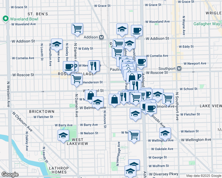 map of restaurants, bars, coffee shops, grocery stores, and more near 1756 West School Street in Chicago