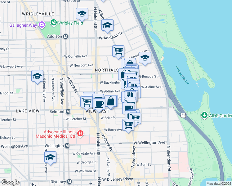 map of restaurants, bars, coffee shops, grocery stores, and more near 653 West Aldine Avenue in Chicago