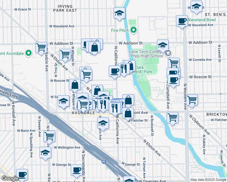 map of restaurants, bars, coffee shops, grocery stores, and more near 3276 North California Avenue in Chicago