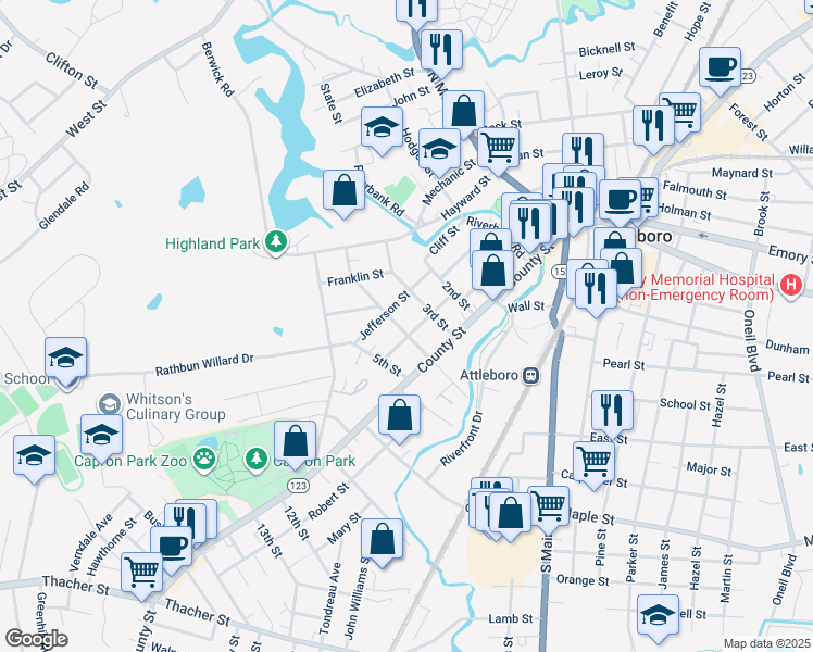 map of restaurants, bars, coffee shops, grocery stores, and more near 15 East 4th Street in Attleboro