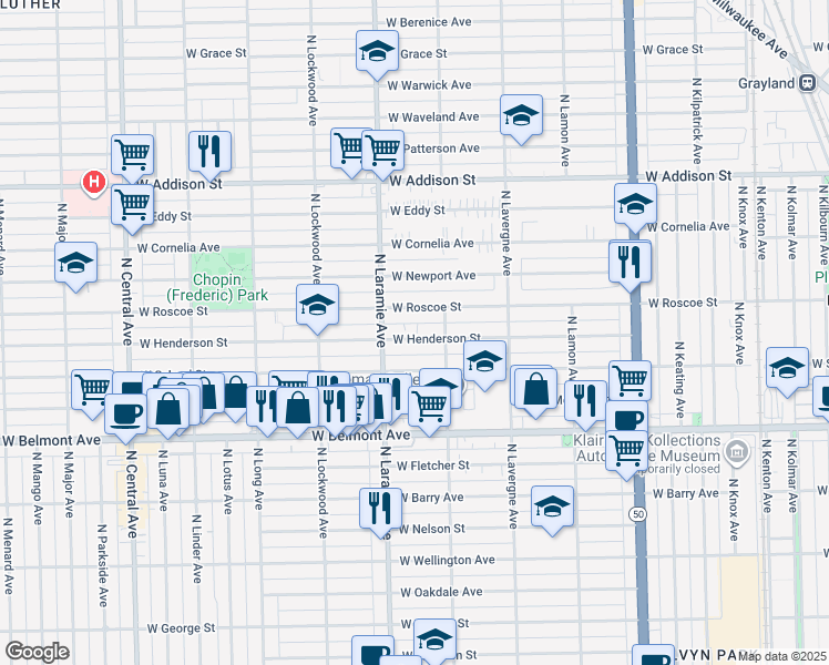 map of restaurants, bars, coffee shops, grocery stores, and more near 5140 West Henderson Street in Chicago