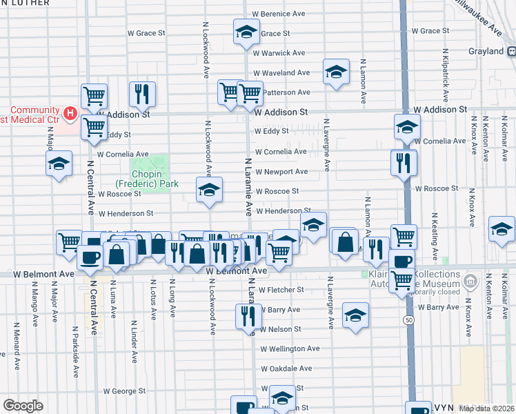 map of restaurants, bars, coffee shops, grocery stores, and more near 5140 West Henderson Street in Chicago