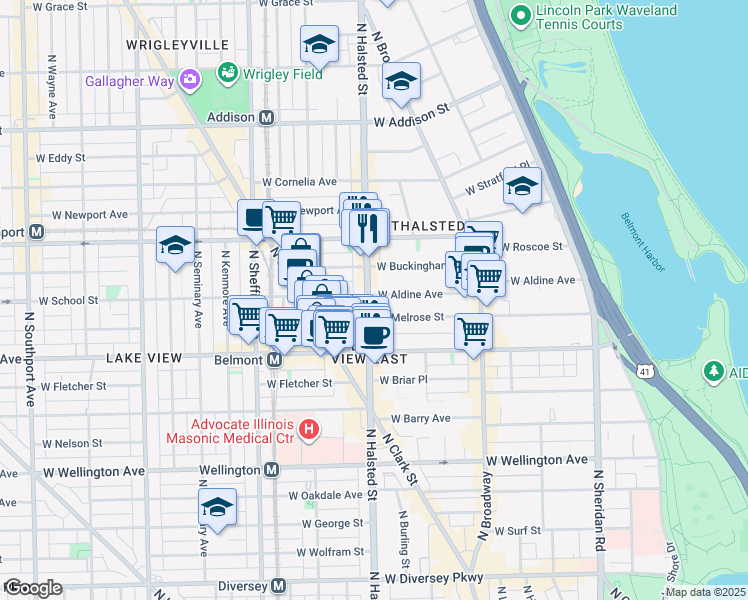 map of restaurants, bars, coffee shops, grocery stores, and more near 3257 North Halsted Street in Chicago