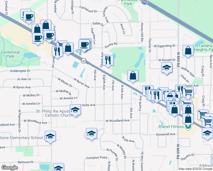 map of restaurants, bars, coffee shops, grocery stores, and more near 4N425 Eighth Avenue in Addison