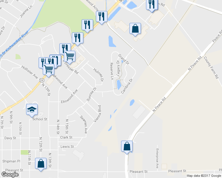 map of restaurants, bars, coffee shops, grocery stores, and more near 1405 Reserve Lane in DeKalb