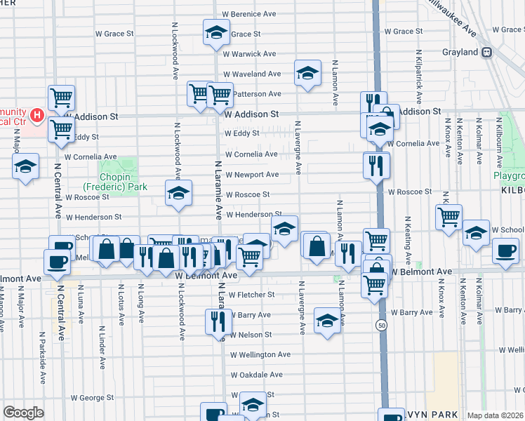 map of restaurants, bars, coffee shops, grocery stores, and more near 5104 West Henderson Street in Chicago
