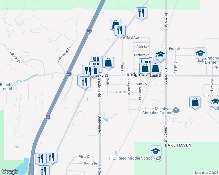 map of restaurants, bars, coffee shops, grocery stores, and more near 4423 Oak Street in Bridgman