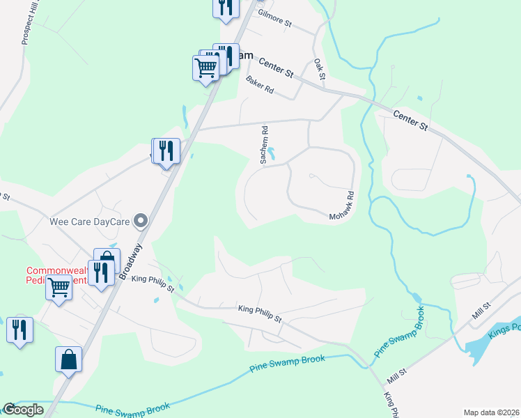 map of restaurants, bars, coffee shops, grocery stores, and more near 19 Mohawk Rd in Raynham