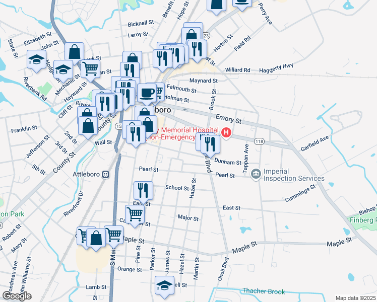 map of restaurants, bars, coffee shops, grocery stores, and more near 64 Dunham Street in Attleboro