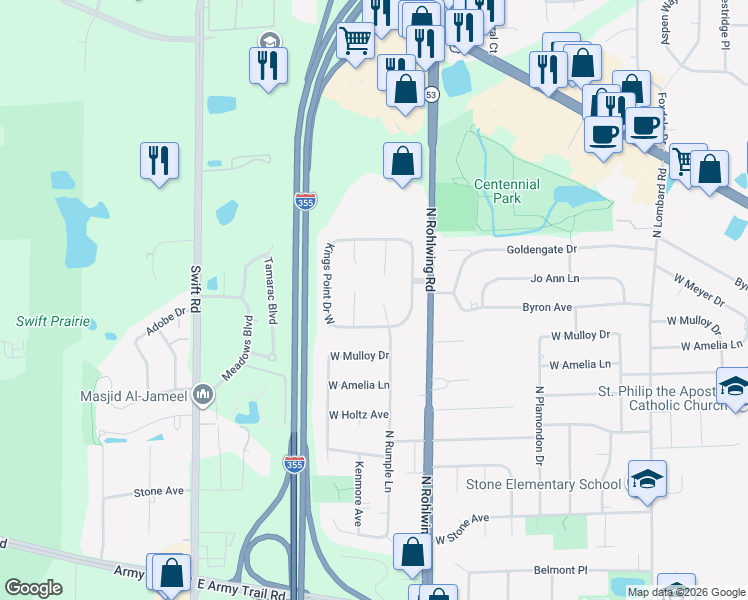 map of restaurants, bars, coffee shops, grocery stores, and more near 811 North Harrow Court in Addison