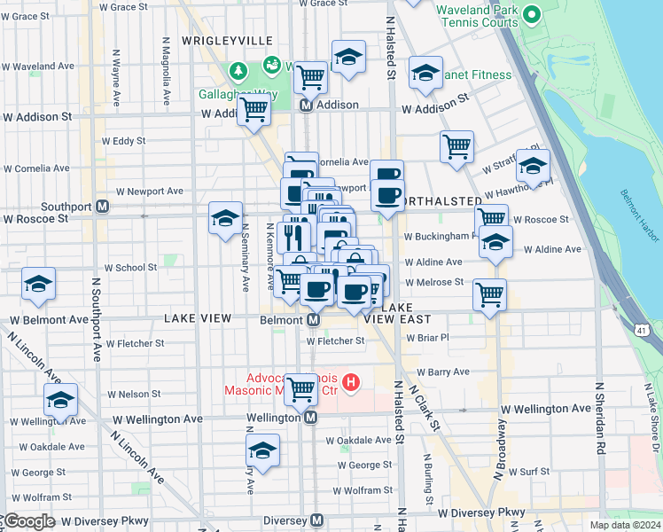 map of restaurants, bars, coffee shops, grocery stores, and more near 907 West School Street in Chicago