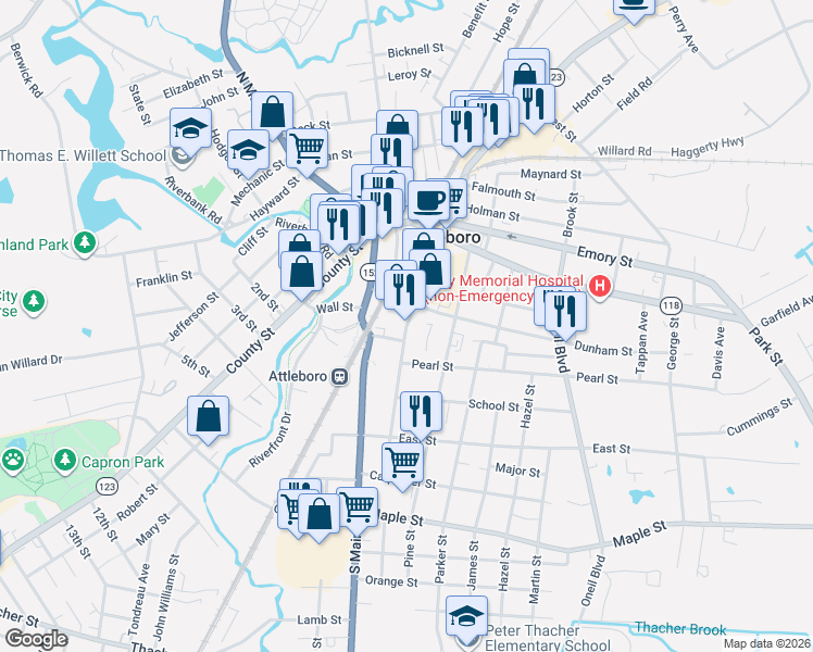 map of restaurants, bars, coffee shops, grocery stores, and more near 88 Union Street in Attleboro