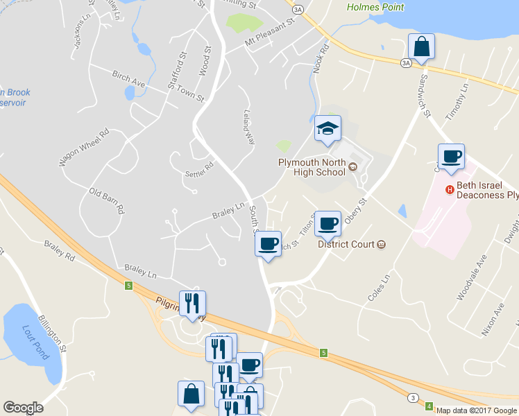 map of restaurants, bars, coffee shops, grocery stores, and more near 66 Nook Road in Plymouth