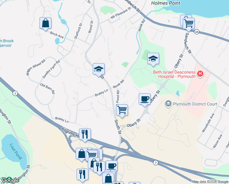 map of restaurants, bars, coffee shops, grocery stores, and more near 66 Nook Road in Plymouth