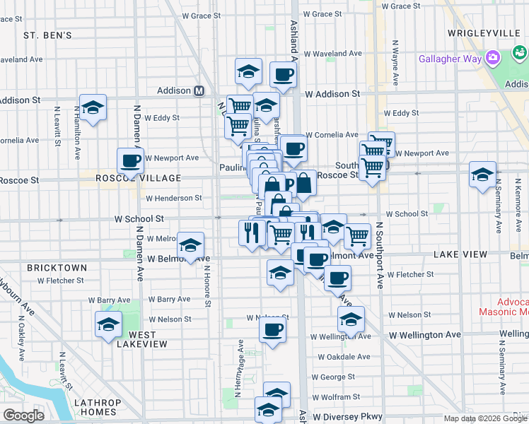 map of restaurants, bars, coffee shops, grocery stores, and more near 3300 North Lincoln Avenue in Chicago