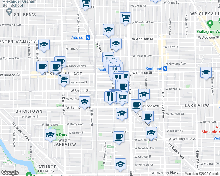 map of restaurants, bars, coffee shops, grocery stores, and more near 1716 West School Street in Chicago