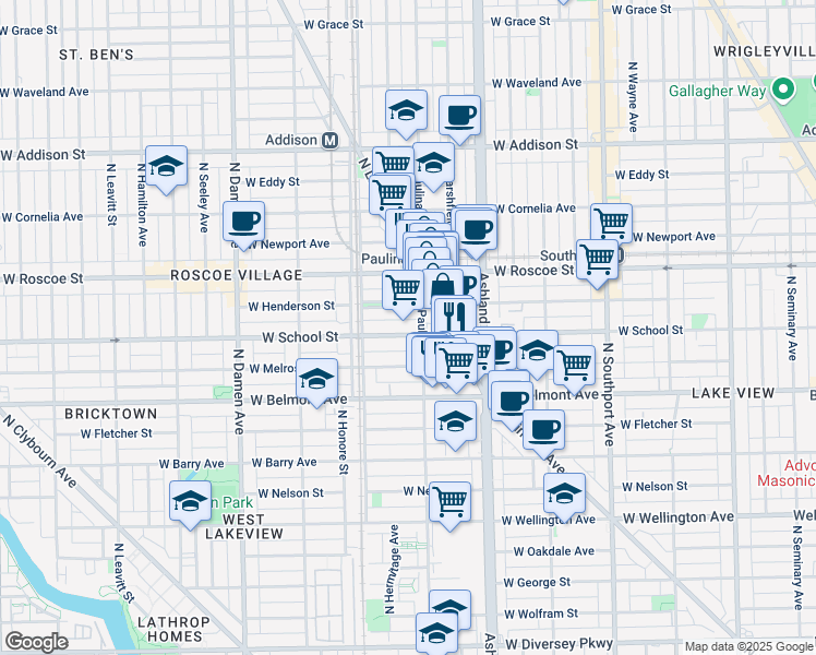 map of restaurants, bars, coffee shops, grocery stores, and more near 1716 West School Street in Chicago