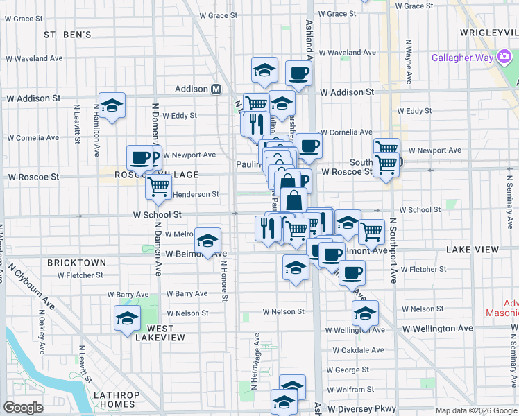 map of restaurants, bars, coffee shops, grocery stores, and more near 1716 West School Street in Chicago