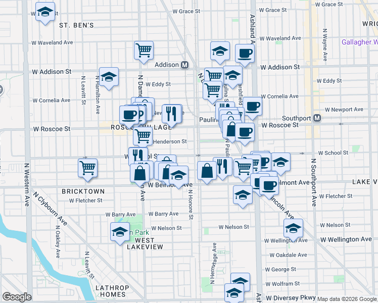map of restaurants, bars, coffee shops, grocery stores, and more near 1826 West School Street in Chicago