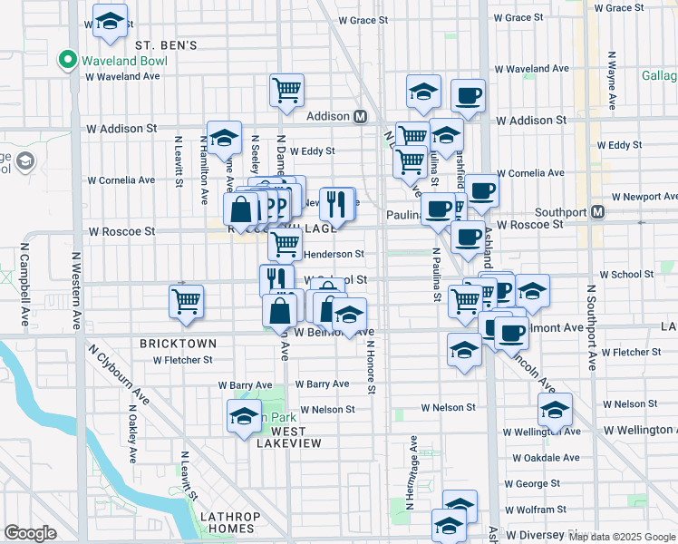 map of restaurants, bars, coffee shops, grocery stores, and more near 1910 West School Street in Chicago