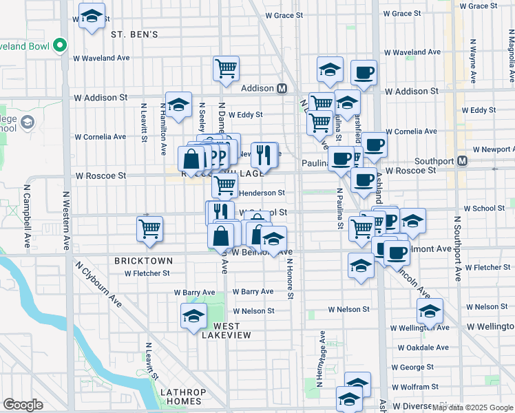 map of restaurants, bars, coffee shops, grocery stores, and more near 1910 West School Street in Chicago