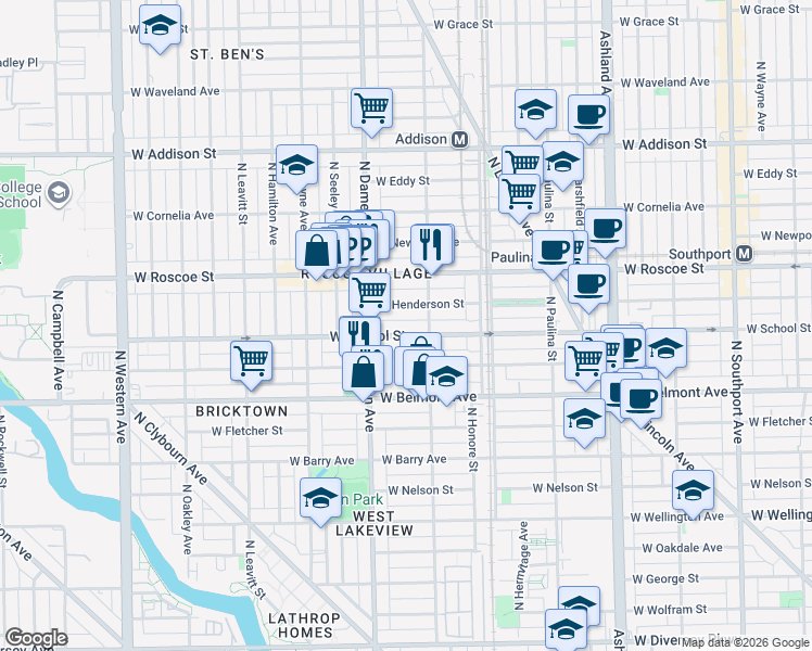 map of restaurants, bars, coffee shops, grocery stores, and more near 1910 West School Street in Chicago