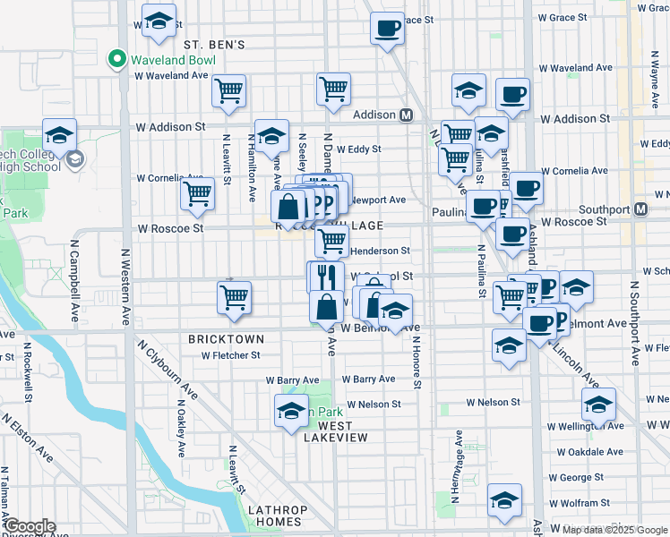 map of restaurants, bars, coffee shops, grocery stores, and more near 1952 West School Street in Chicago