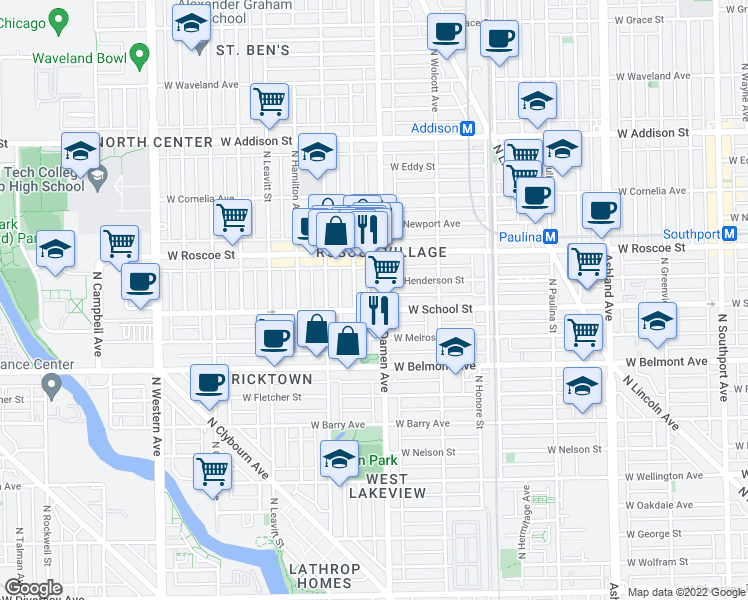 map of restaurants, bars, coffee shops, grocery stores, and more near 3301 North Seeley Avenue in Chicago
