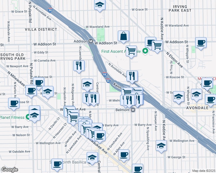 map of restaurants, bars, coffee shops, grocery stores, and more near 3350 West School Street in Chicago